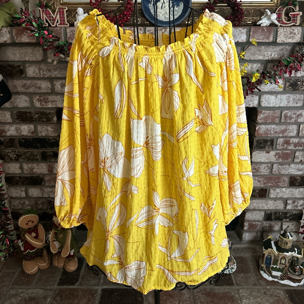 Ava & Viv Boho Yellow Crepe Floral Off The Shoulder Blouse Sz Xl